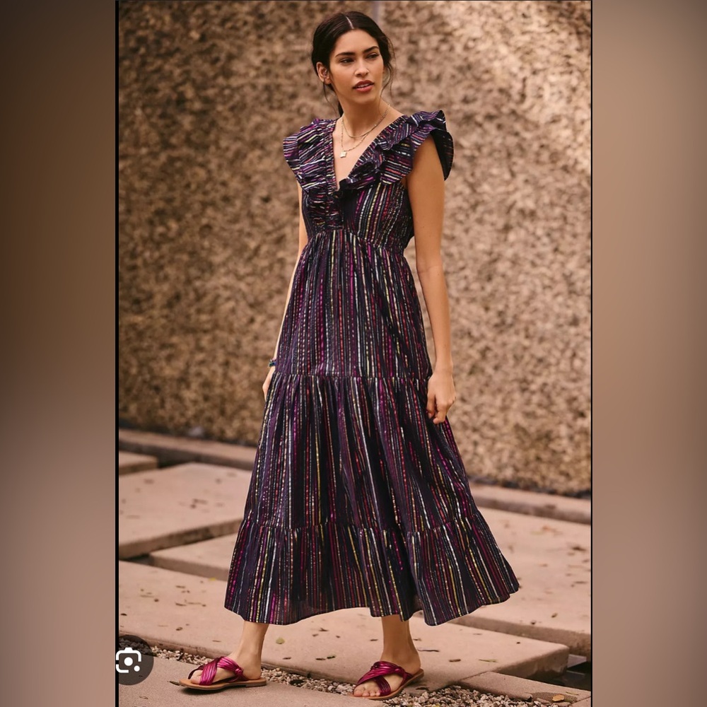 Roller Rabbit Ondine Rainbow Lurex Stripe V-Neck Cap Ruffle Midi Dress